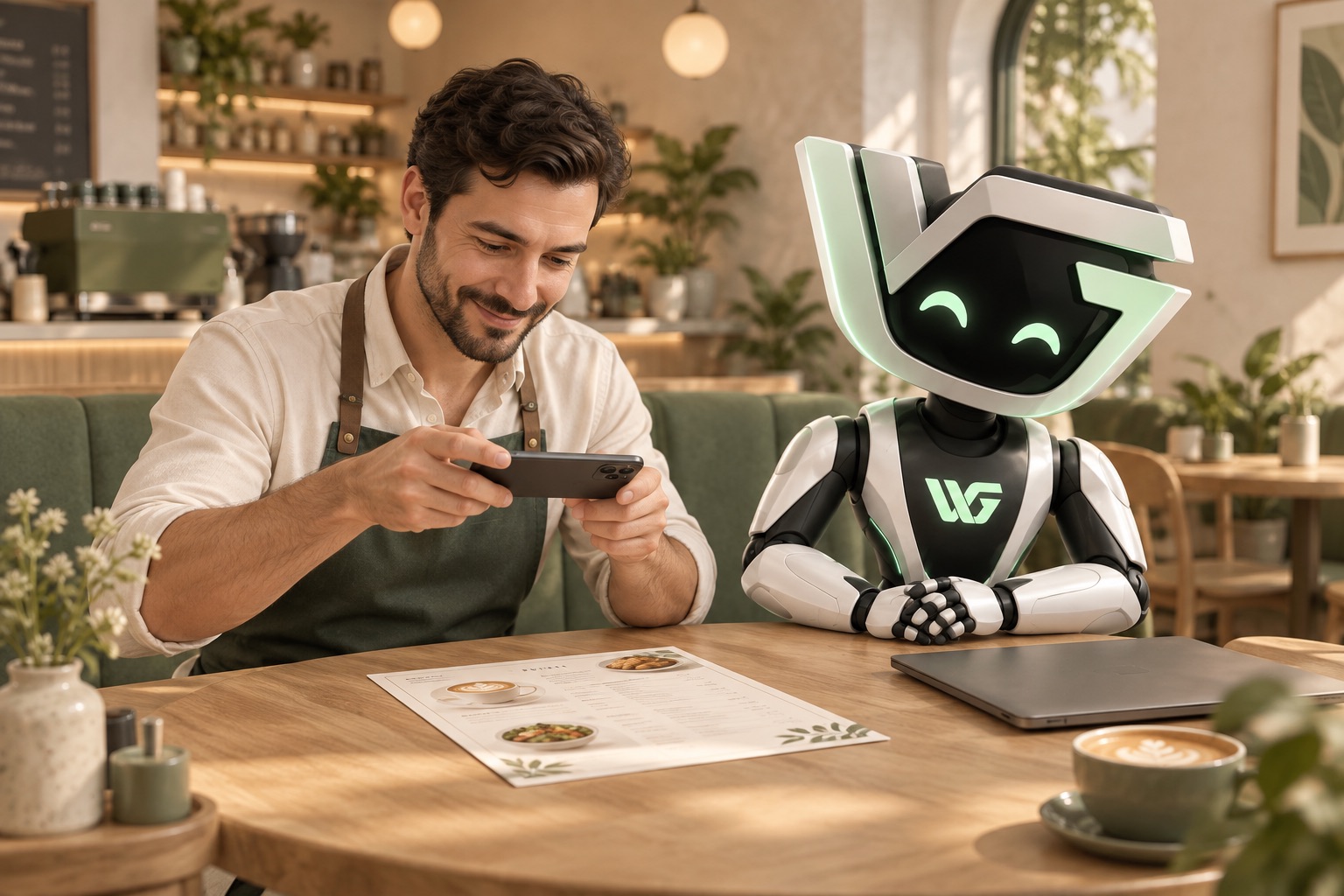 A café owner photographs his menu beside the smiling WG mascot