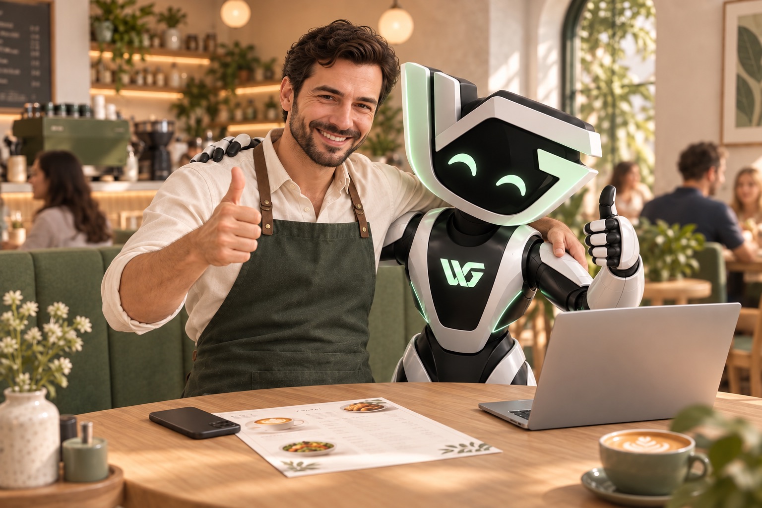 The happy café owner and WG mascot embrace and give thumbs-up in a lively café